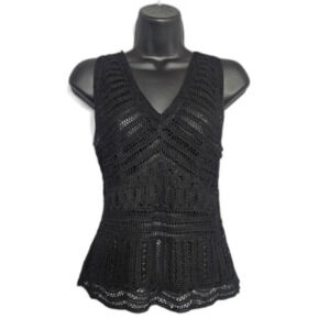 Black Eyelete Lace Gothy Romantic Over Bust Corset Blouse Sheer Fitted Top S/M